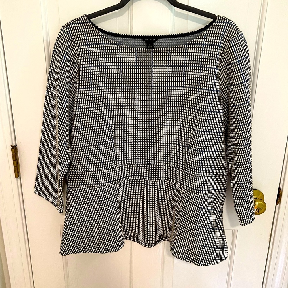 Ann Taylor peplum top, size L, black w/blue plaid. EUC